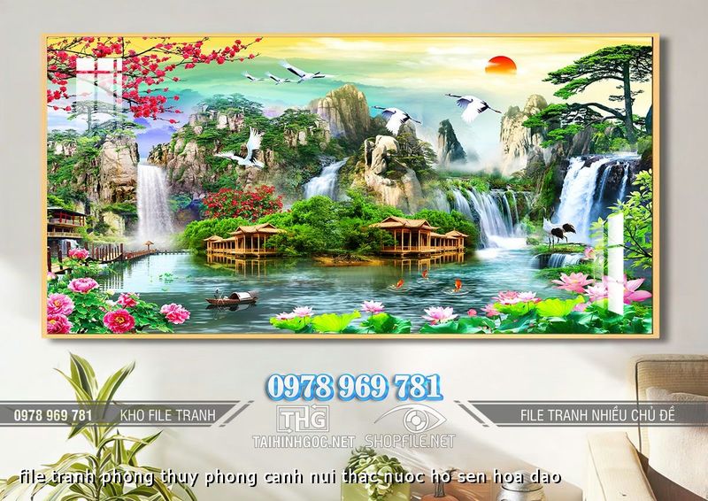 file tranh phong thuy phong canh nui thac nuoc ho sen hoa dao