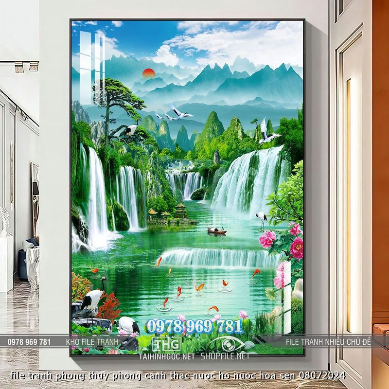 file tranh phong thuy phong canh thac nuoc ho nuoc hoa sen 08072024