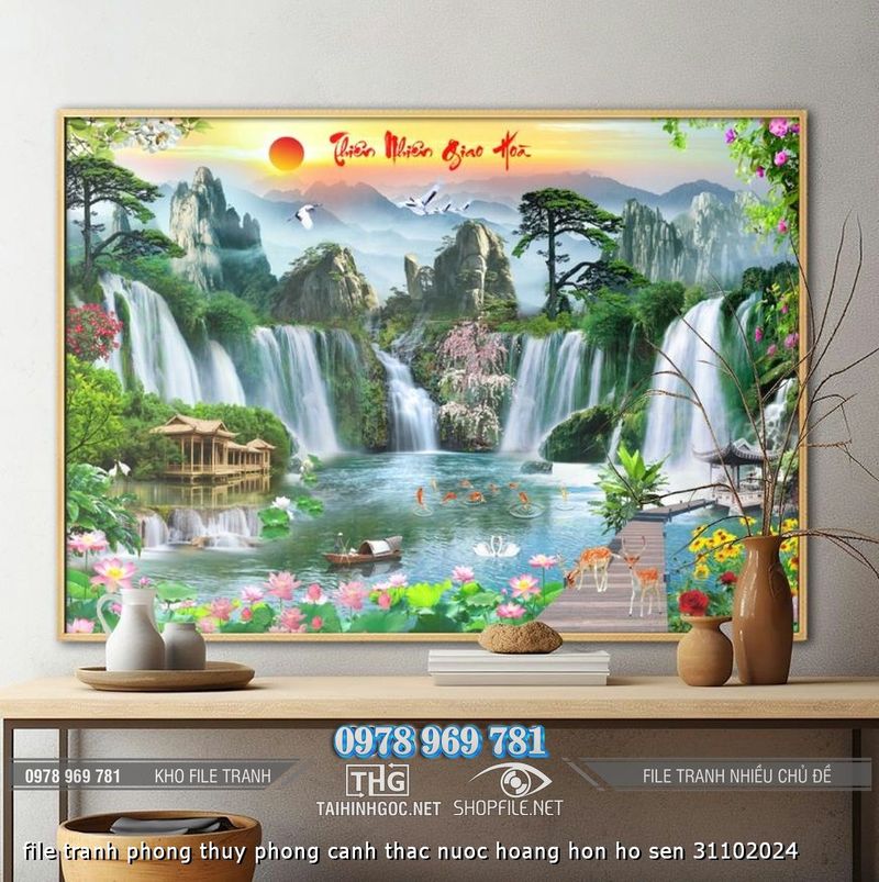 file tranh phong thuy phong canh thac nuoc hoang hon ho sen 31102024