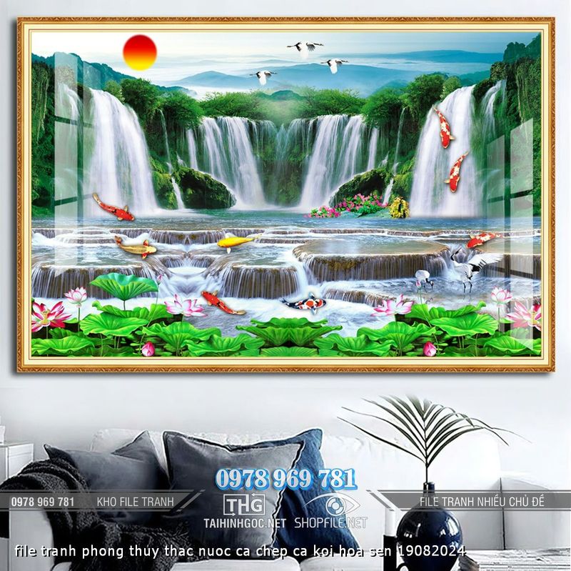 file tranh phong thuy thac nuoc ca chep ca koi hoa sen 19082024