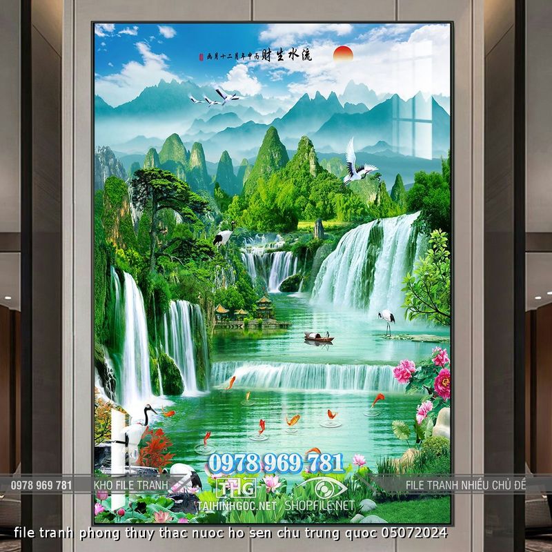 file tranh phong thuy thac nuoc ho sen chu trung quoc 05072024