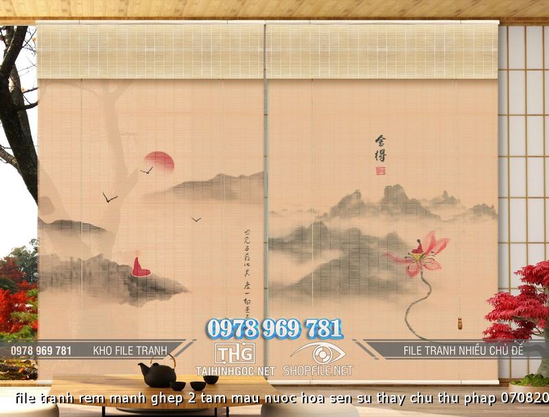 file tranh rem manh ghep 2 tam mau nuoc hoa sen su thay chu thu phap 07082024 phu
