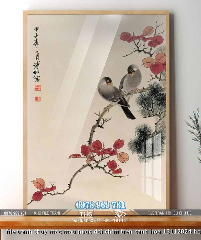 file tranh thuy mac mau nuoc doi chim tren canh hoa 13112024 ho
