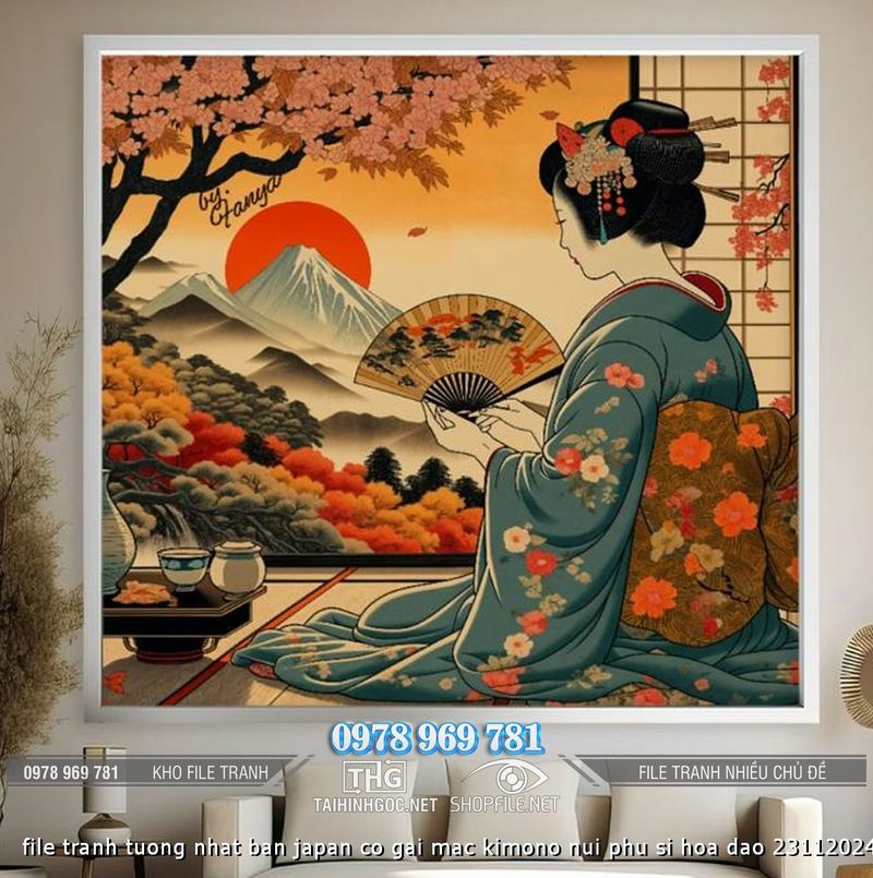 file tranh tuong nhat ban japan co gai mac kimono nui phu si hoa dao 23112024
