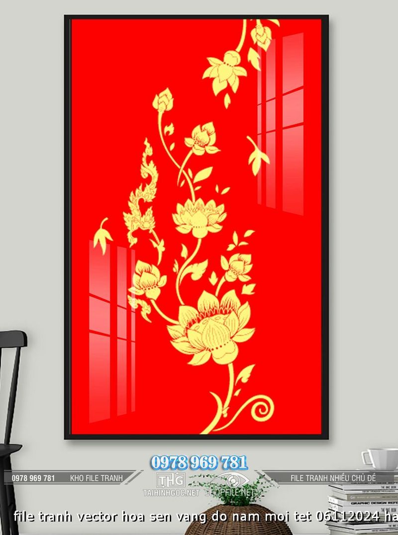 file tranh vector hoa sen vang do nam moi tet 06112024 hanh