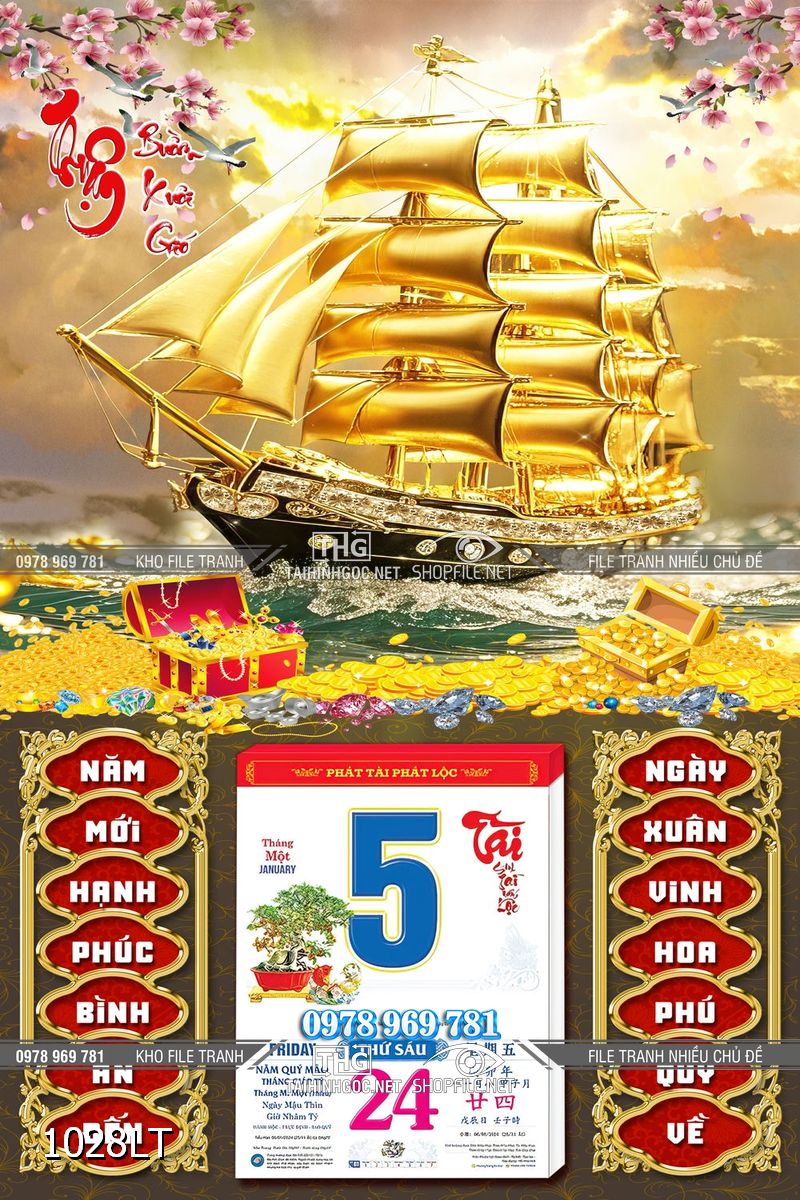 File lịch Tết thuận buồm xuôi gió thuyền vàng 1028LT