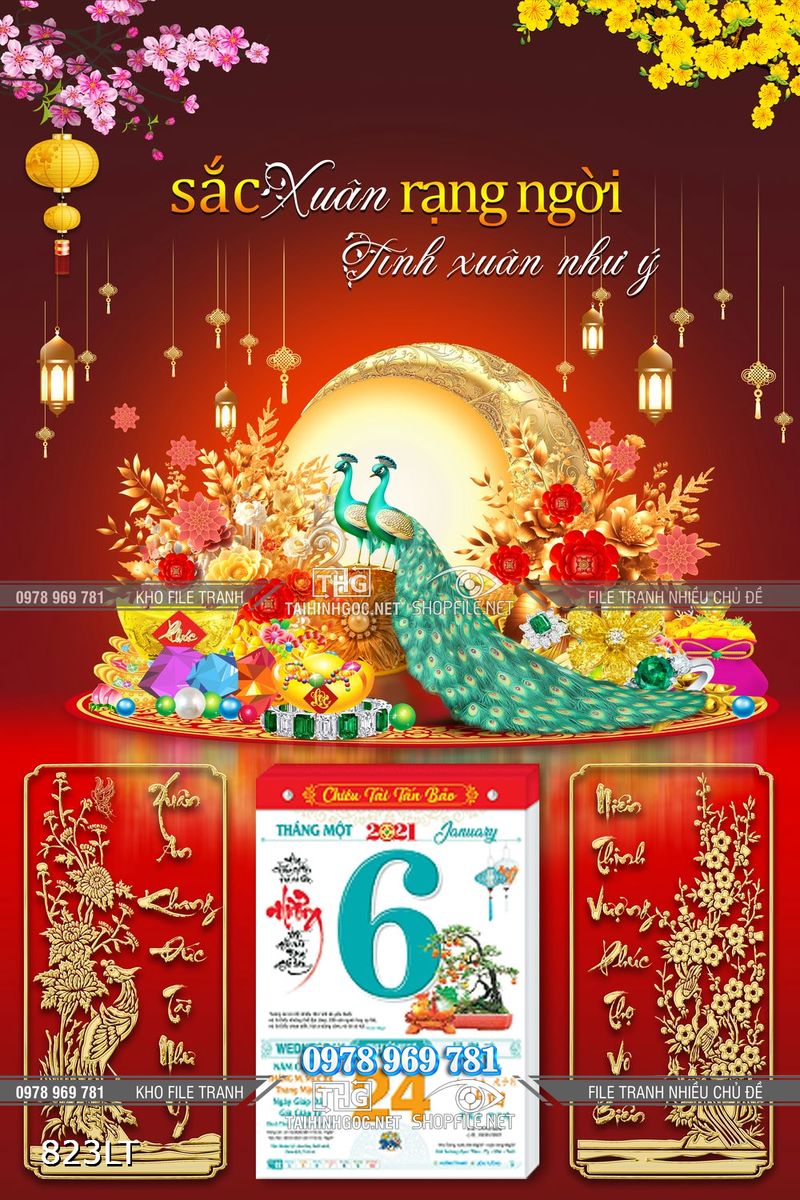 File tranh lịch Tết chim công
