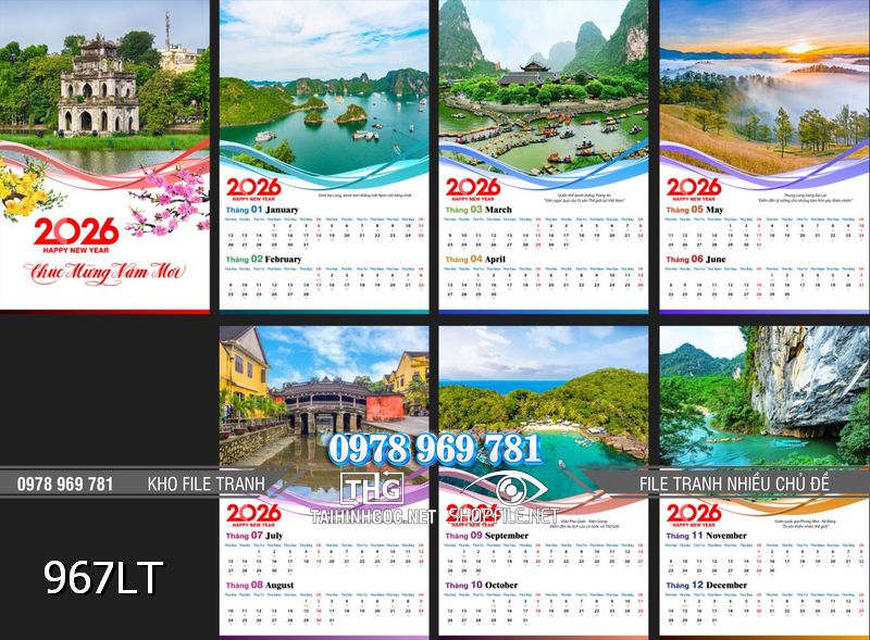 File lịch tết 7 tờ 12 tháng 2026 phong cảnh việt nam 967LT