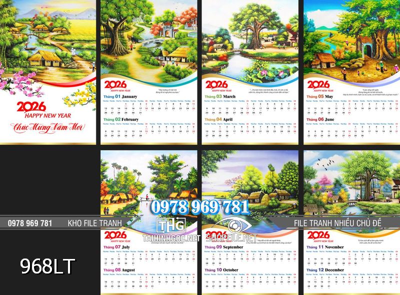 File lịch Tết 2026 lịch 7 tờ làng quê việt nam 968LT