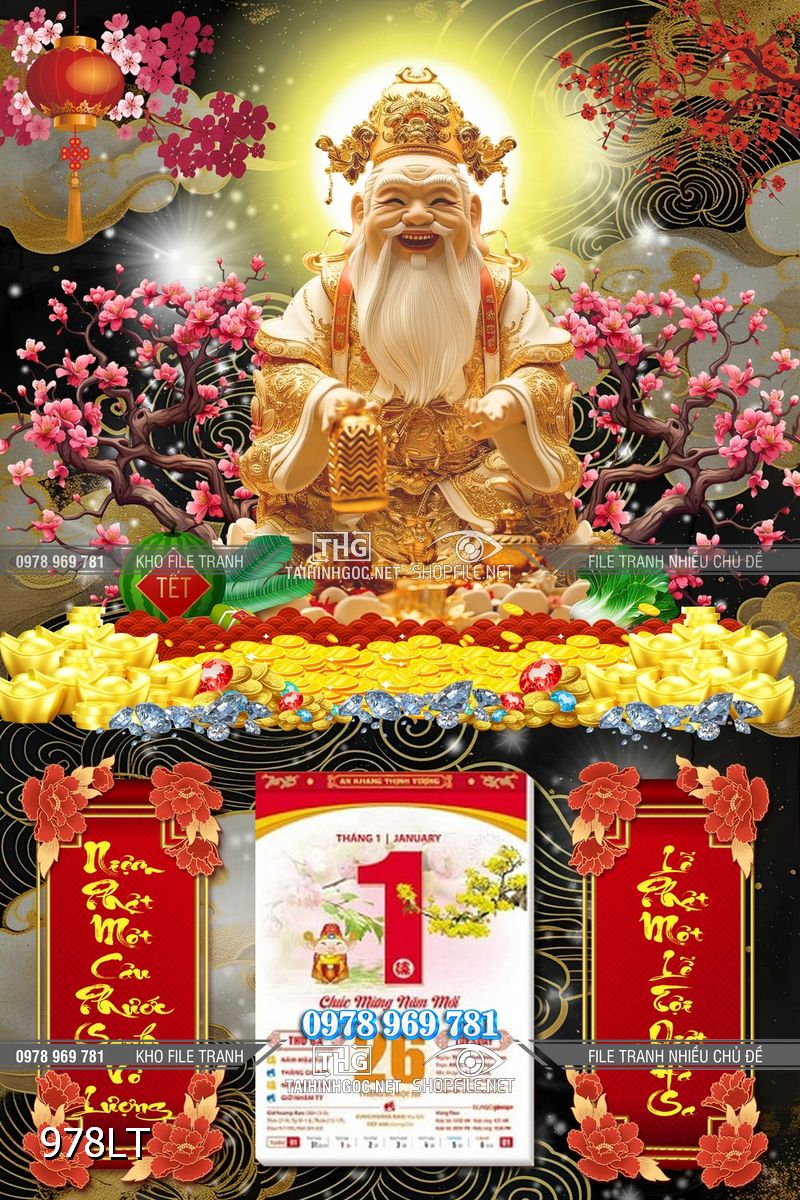 File lịch Tết Thần Tài hoa đào nở 978LT