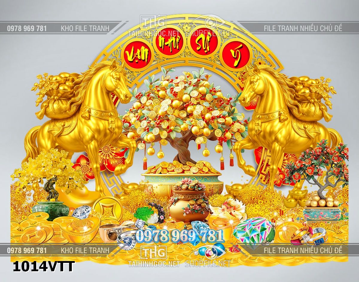 File psd tách lớp 2 con ngựa vàng 3d cây tiền tài lộc 1014VTT
