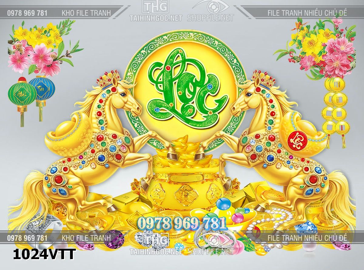 File gốc psd 2 con ngựa vàng kim cương đá quý chữ lộc 3d thư pháp 1024VTT