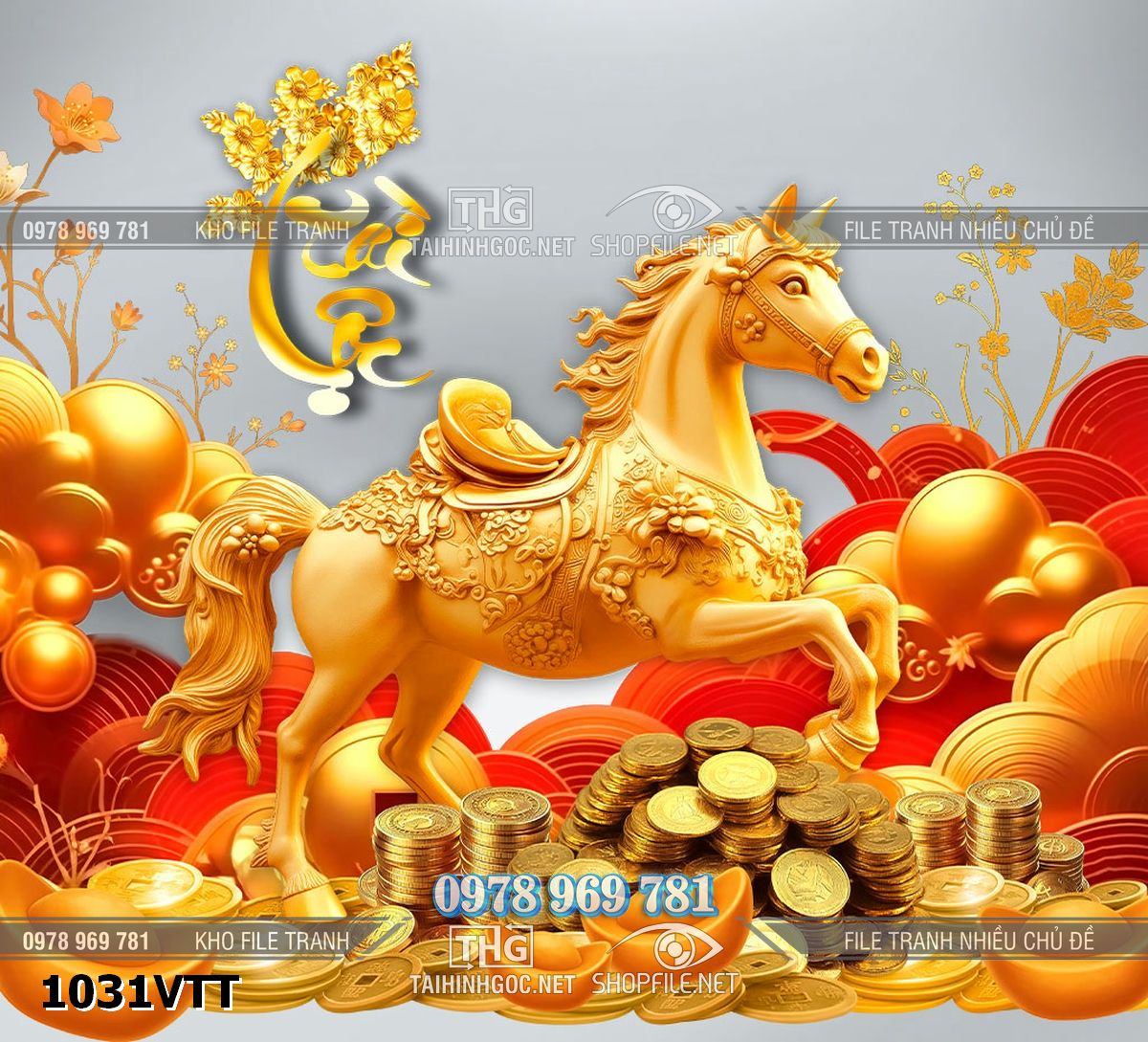 File tranh tư liệu ngựa vàng bính ngọ tài lộc thư pháp 3d 1031VTT