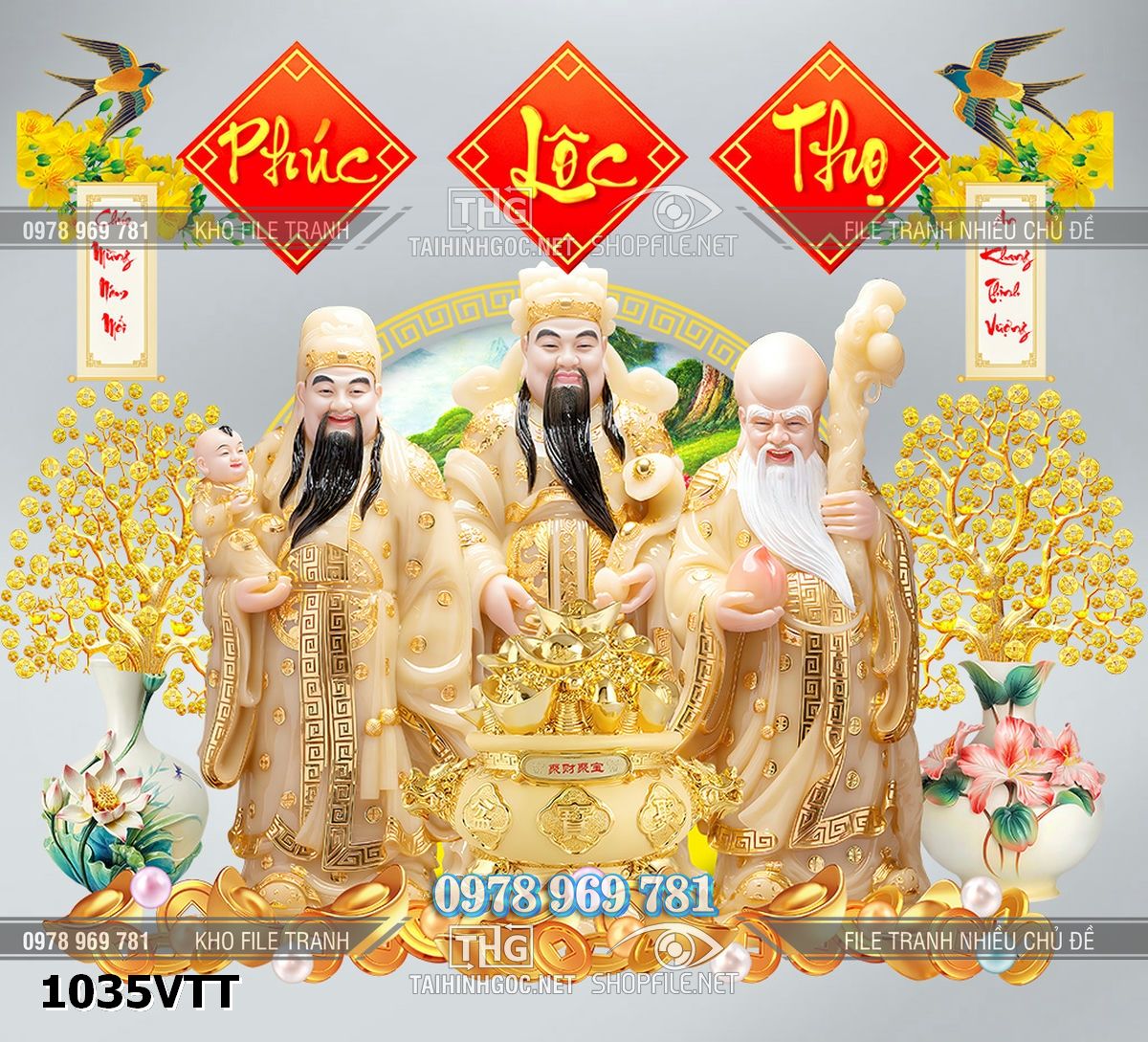 File 3 ông phúc lộc thọ png psd tách lớp layer câu đối thư pháp 1035VTT