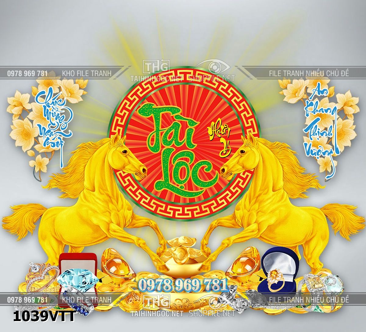 File tết tài lộc ngựa vàng kim cương đá quý vàng bạc 1039VTT