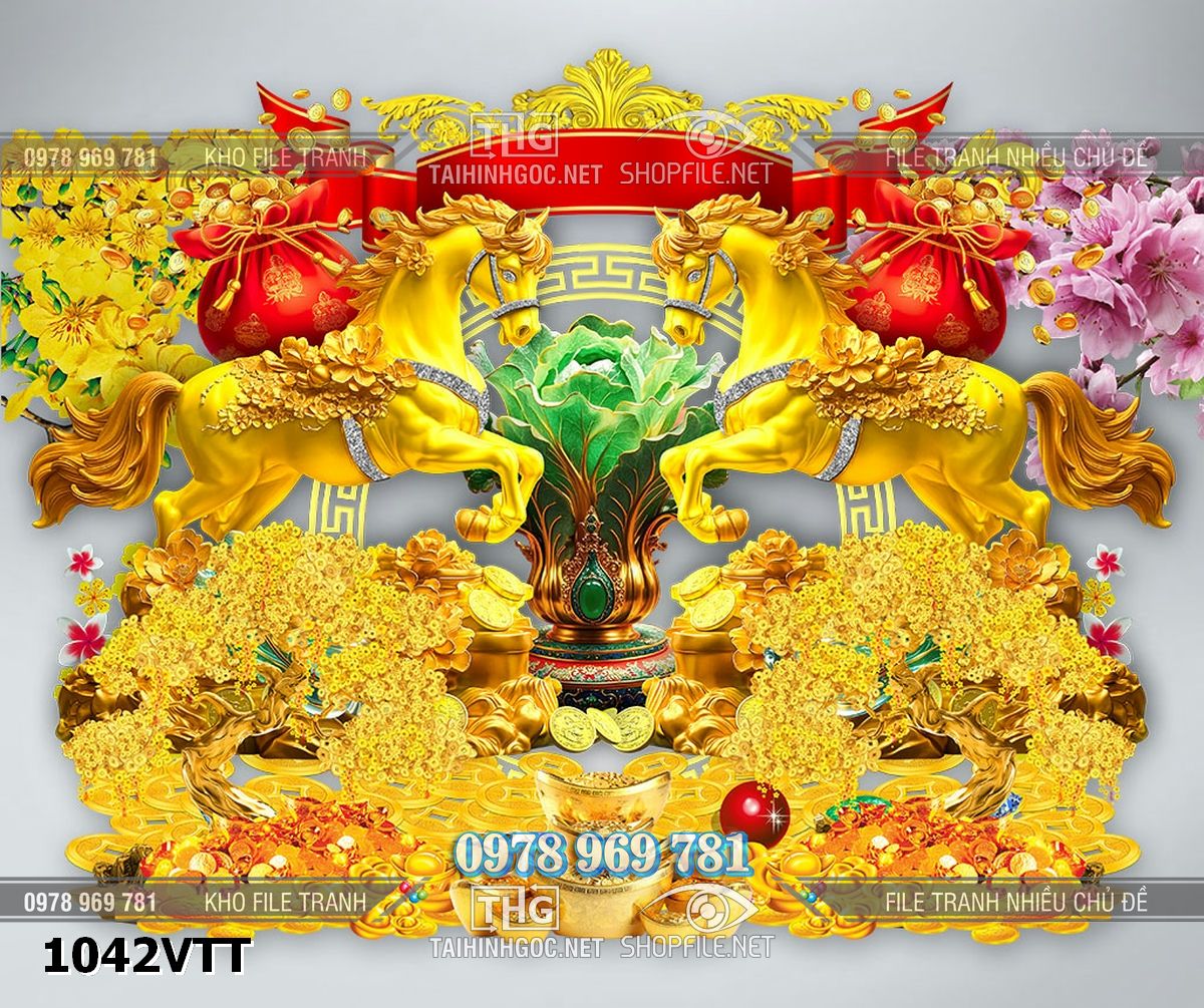 File con ngựa vàng 3d tiền vàng túi tiền tài lộc 1042VTT