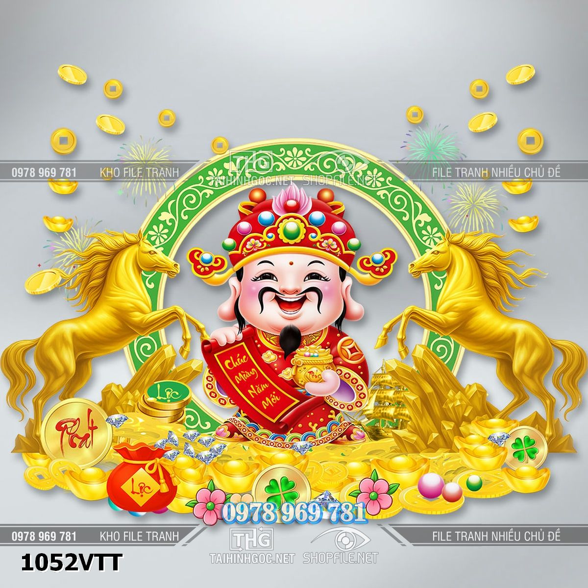 File ông thần tài tài lộc ngựa vàng tiền vàng decor tết psd 1052VTT