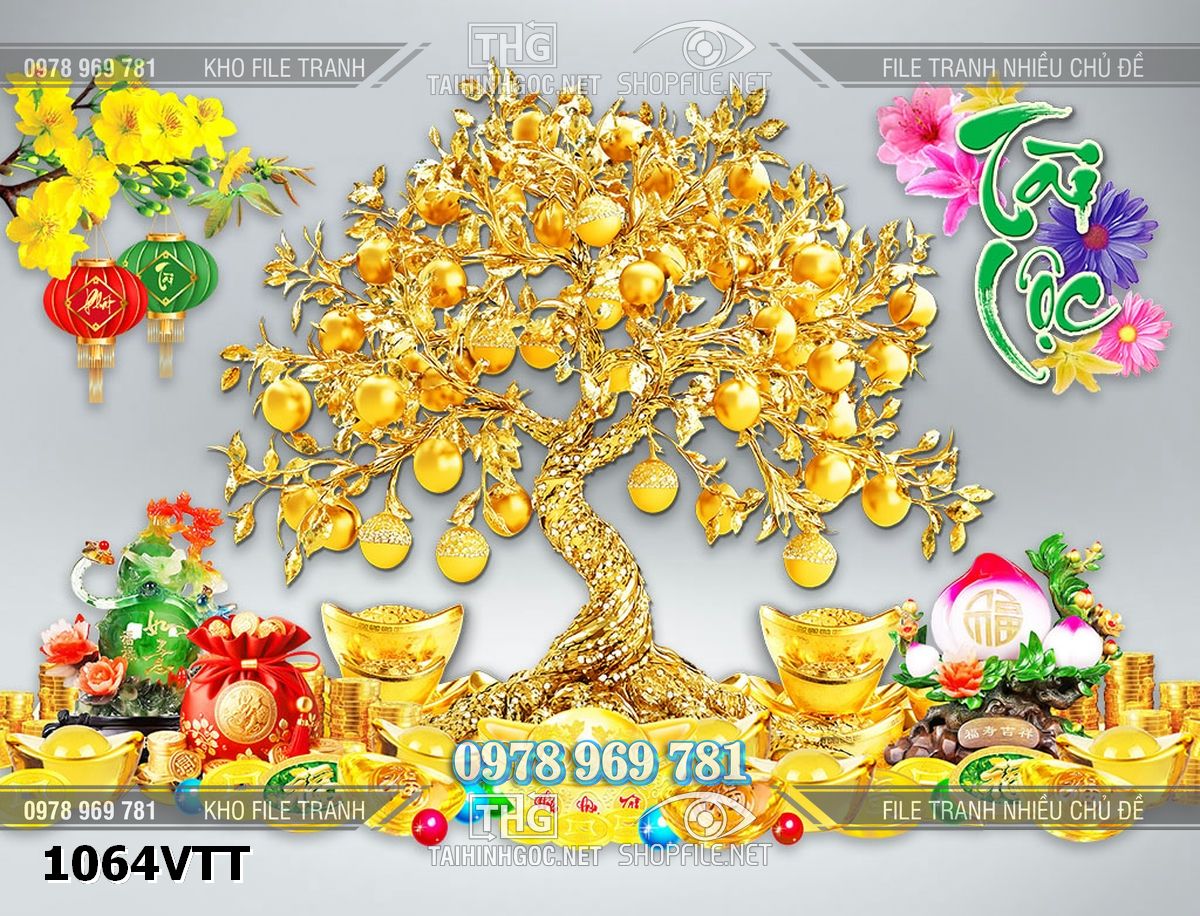 File tranh tư liệu tết năm mới tài lộc 3d tiền vàng bạc đá quý 1064VTT