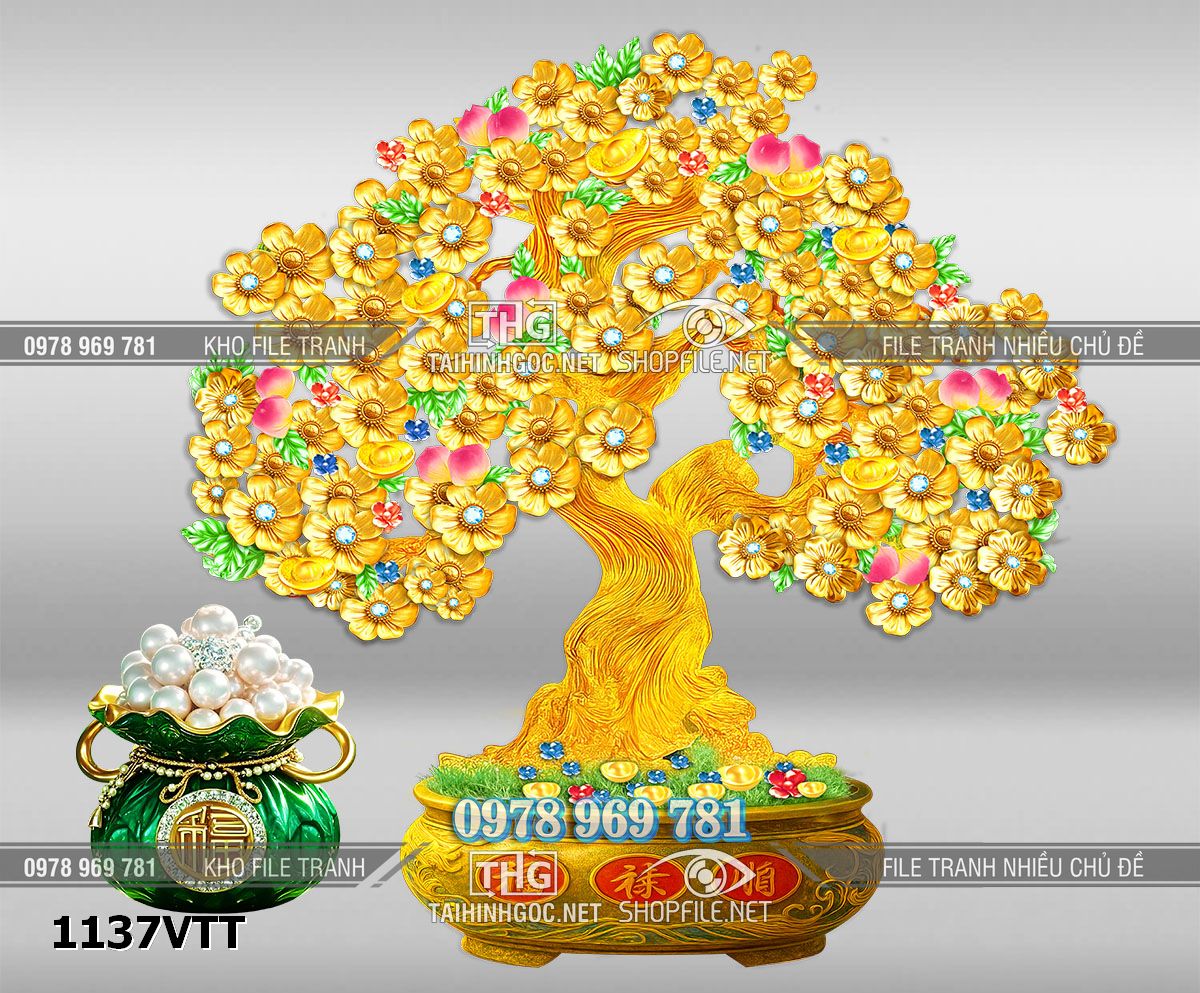 File psd tư liệu ghép tết cây kim tiền vàng bạc túi tiền tài lộc 1137VTT