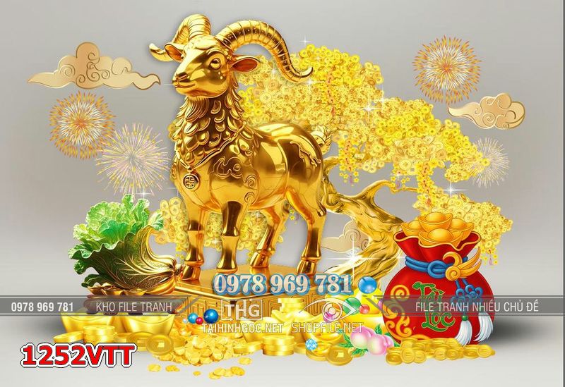 File tranh con dê vàng psd Tết cổ truyền 1252VTT
