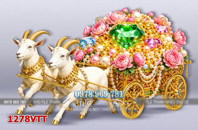 File tranh con dê trắng chở xe vàng tiền đón xuân 1278VTT