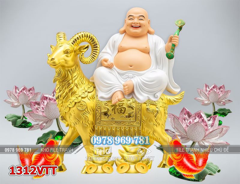 File tranh ông di lặc cưỡi dê vàng tết 1312VTT