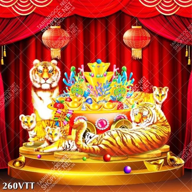 Tranh đại gia đình hổ vây quang rương vàng mang ý nghĩa cho sự giàu sang quyền quý trong gia đình