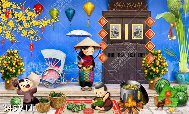 Tranh trang trí em bé học gói bánh chưng mang điểm nhấn độc đáo phá cách cho không gian nhà