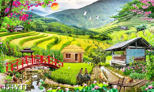 Tranh khung cảnh làng quê mùa xuân Việt Nam