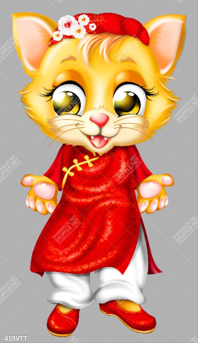 Tranh mèo mặc áo dài đỏ đón xuân Quý Mão