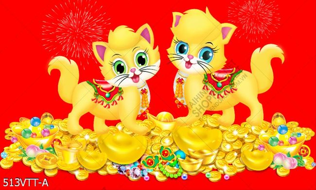 Tranh cặp mèo vàng cho năm mới phát tài