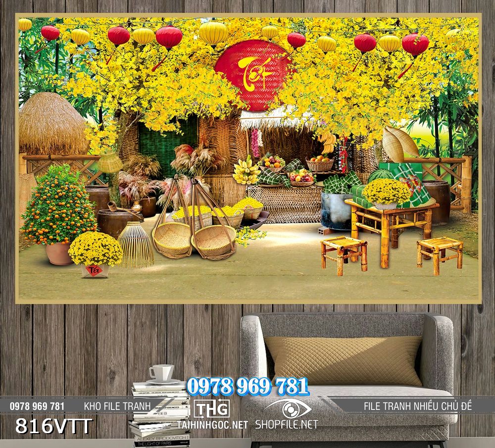 File tranh phông nền tết làng quê hoa vàng năm mới 816VTT