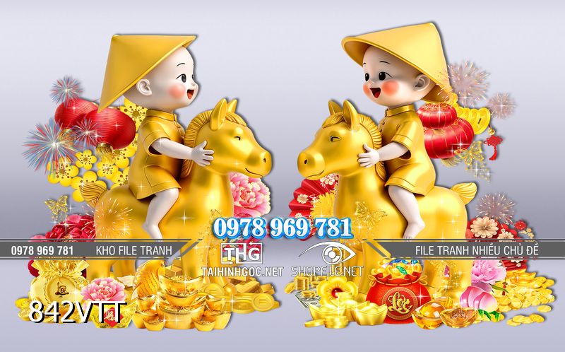 File tranh em bé cưỡi Ngựa vàng đón năm mới Bính Ngọ 2026 842VTT