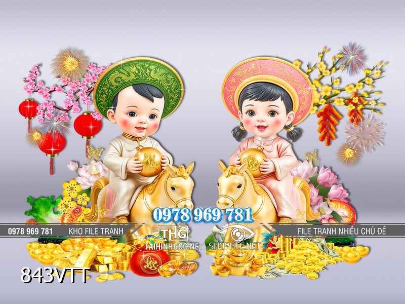 File tranh em bé tài lộc đáng yêu cưỡi Ngựa vàng 843VTT