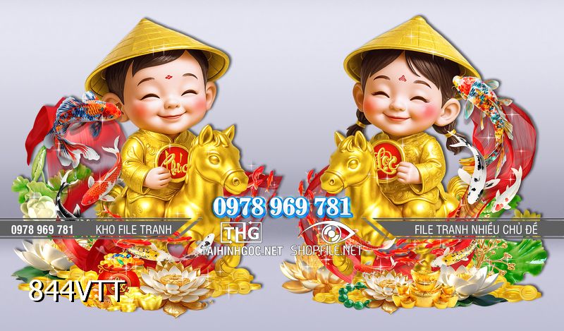 File tranh em bé vui xuân cưỡi vàng đón Tết 2026 844VTT