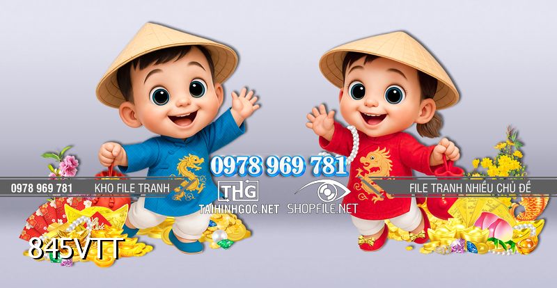 File tranh hai em bé chibi mặc áo dài truyền thống đón Tết 2026 845VTT