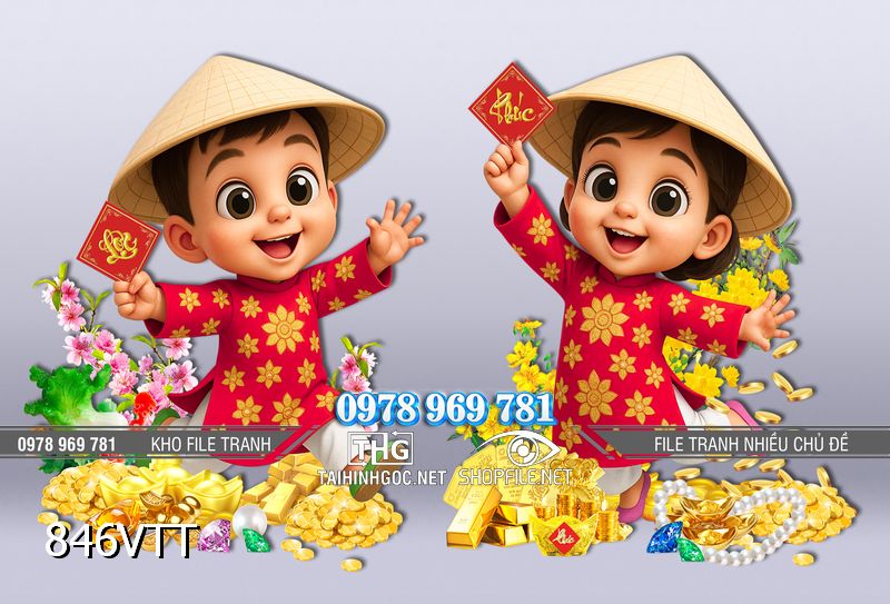 File tranh em bé chibi mặc áo dài việt nam đón xuân Bính Ngọ 846VTT