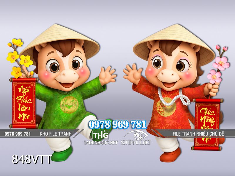 File tranh cặp Ngựa mặc áo dài đón Tết Bính Ngọ 848VTT