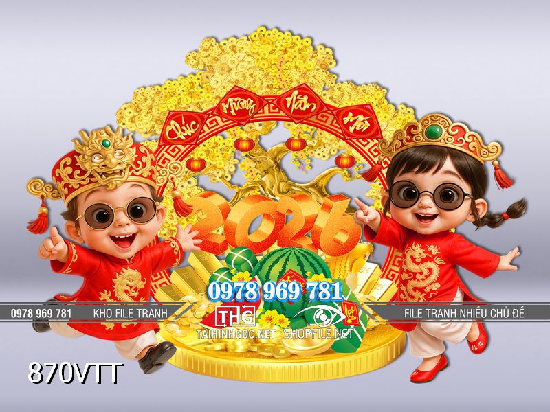 File tranh hai em bé tiền vàng tài lộc 870VTT