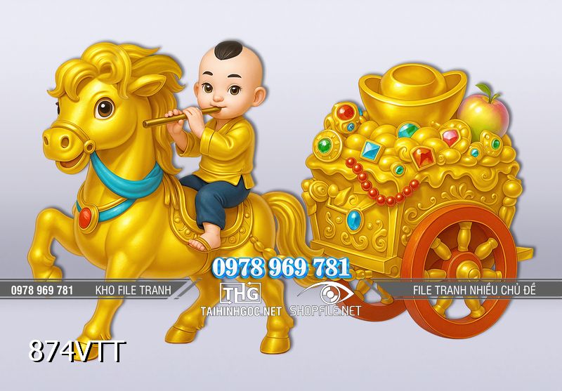 File tranh em bé cưỡi Ngựa vàng kéo xe tiền vàng 874VTT