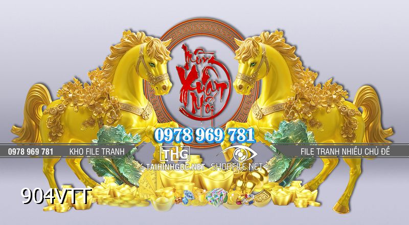 File tranh Psd Ngựa vàng tài lộc mừng xuân mới 904VTT