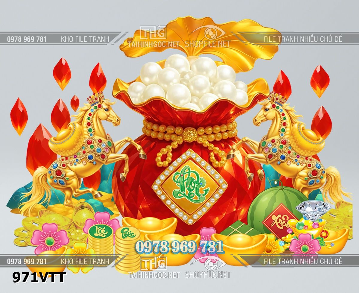 File tư liệu Tết 2 con ngựa vàng kim tiền kim cương đá quý túi vàng 971VTT