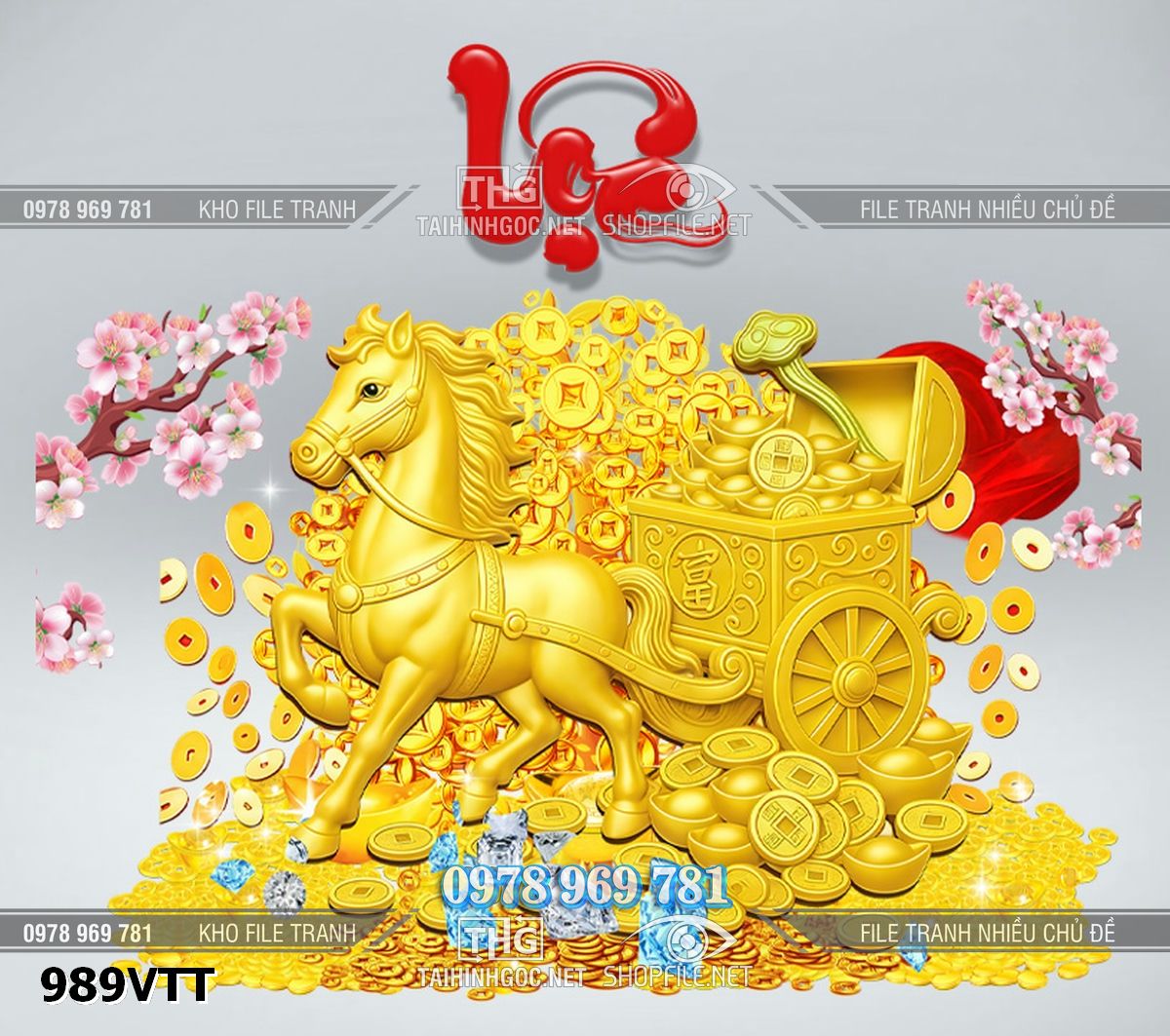 File ngựa vàng kéo xe tài lộc vàng bạc đá quý 989VTT