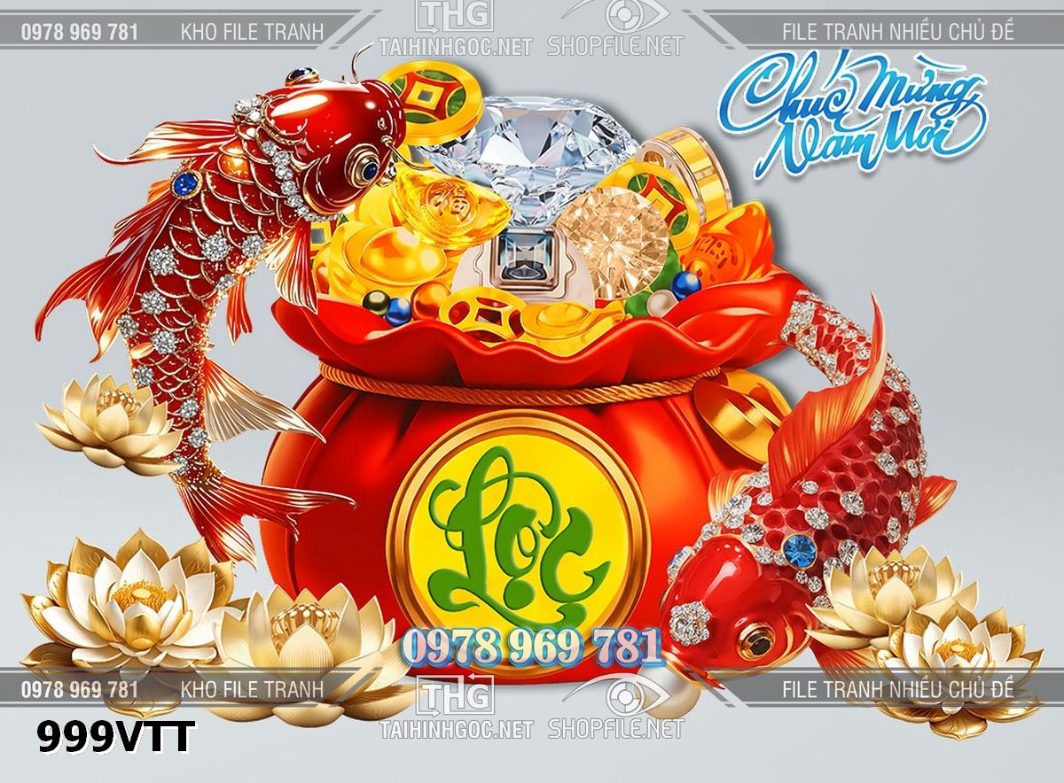 File tranh 2 con cá chép song ngư túi tiền vàng bạc 999VTT